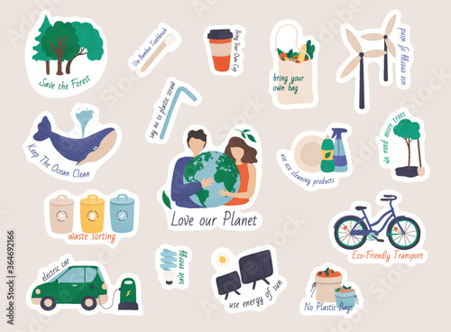 Collection of ecology stickers with slogans.  Collection of zero waste reusable items or products - glass jars, eco grocery bags, thermo mug, food container, soap and shampoo bars.