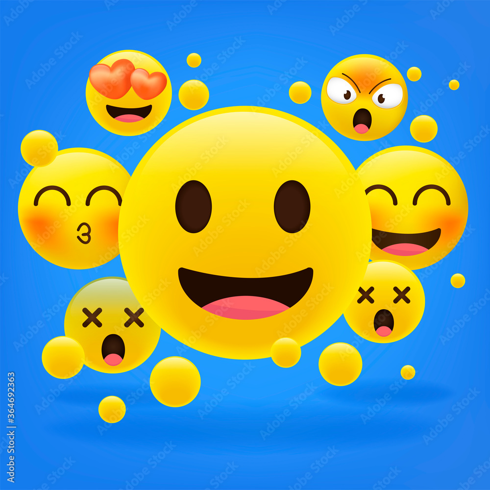 Yellow emoticons in front of a blue background. Cartoon emoji collection. 3d style vector illustration isolated on blue background.