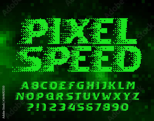 Pixel Speed alphabet font. Wind effect letters and numbers. Abstract pixel background. 80s arcade video game typescript.