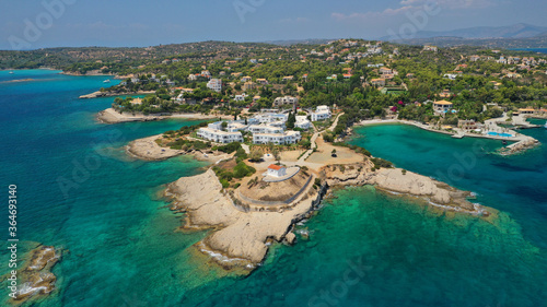 Aerial drone panoramic photo of famous seaside area of Agios Aimilianos resort area, Porto Heli, Argolida, Greece