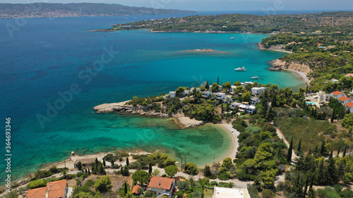 Aerial drone panoramic photo of famous seaside area of Agios Aimilianos resort area, Porto Heli, Argolida, Greece
