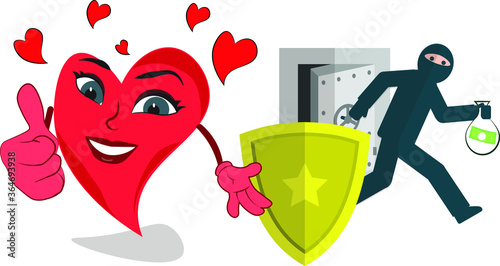 property insurance happy funny character love heart robber stealing money with protection coverage