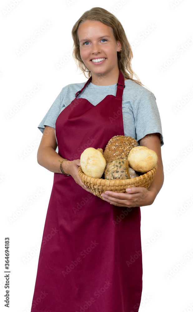 Lachende Bäckereiverkäuferin mit frischen Brötchen