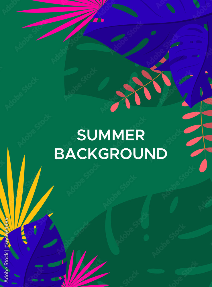 Fototapeta Abstract summer background with palm leaves and space for text. Template for social media stories design, banner, greeting card, poster and advertising. Vector illustration