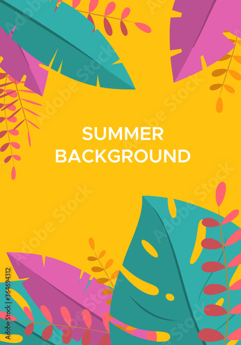Abstract summer background with palm leaves and space for text. Template for social media stories design, banner, greeting card, poster and advertising. Vector illustration