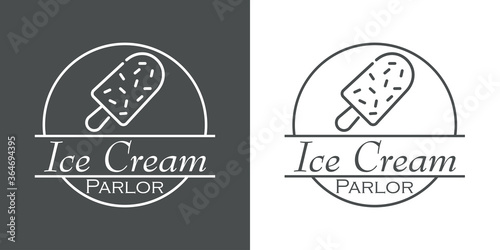 Concepto heladería. Logo lineal con texto Ice Cream Parlor en círculo con helado con paleta en fondo gris y fondo blanco