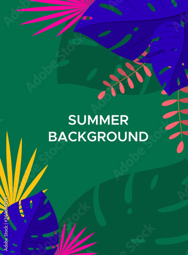 Abstract summer background with palm leaves and space for text. Template for social media stories design, banner, greeting card, poster and advertising. Vector illustration