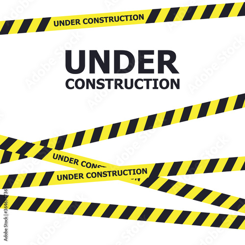 Under construction website page. Warning tape banner