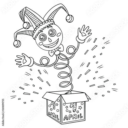 Jack in the box toy. April fool's day. Vector outline illustration for coloring book pages for adult. Line art with doodle and zentangle elements. Funny gift. Isolated on white. photo