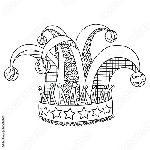 Jester hat with doodle and zentagle elements. April fool's day. Vector outline illustration for coloring book pages for adults. Line art isolated on white.
