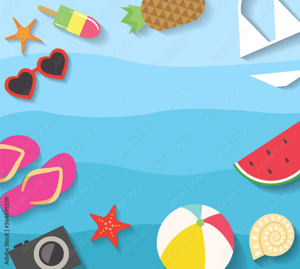Summer background with blue waves and flat summer vector icons. Vacation or travel background for banner design