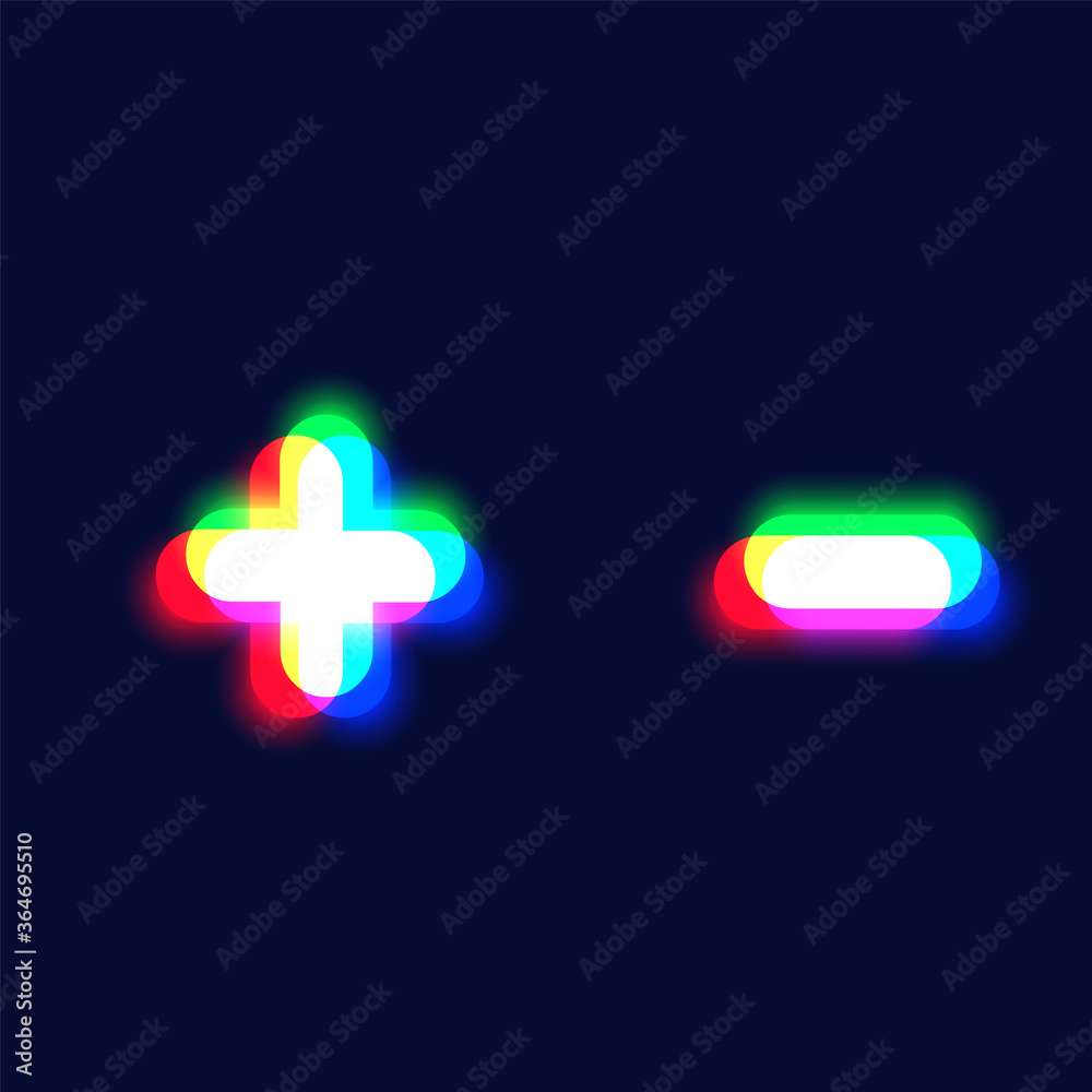 Fototapeta premium Realistic chromatic aberration character 'plus/minus' from a fontset, vector illustration