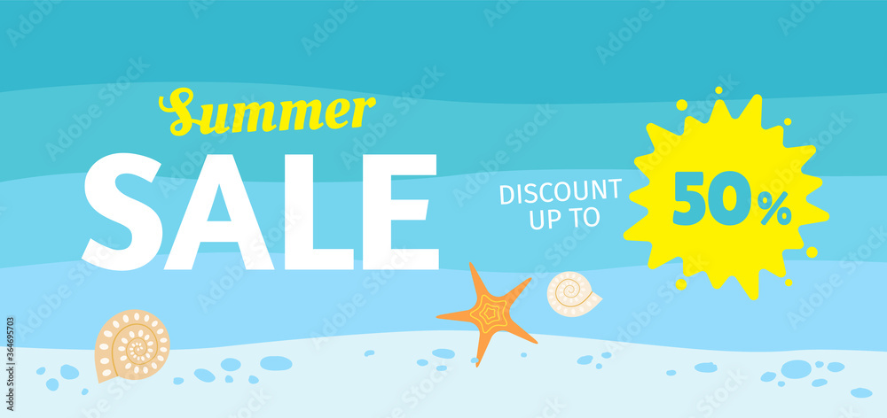 Summer Sale flyer design concept with ocean waves, sea star and shells. Discount up to 50%. - Vector