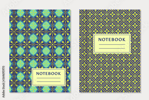 Notebook cover designs. Two exercise books with abstract blue and yellow pattern and place for text. Oriental style collection. Vector set.