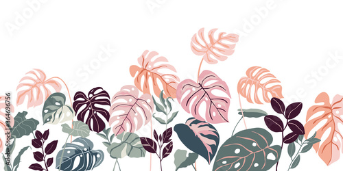 Tropical seamless background pattern vector. Fashionable exotic plants and leaves wallpaper.