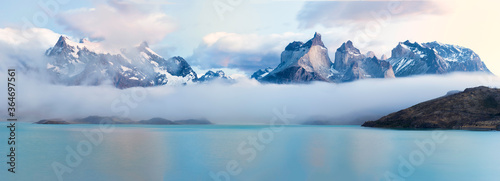 Fototapeta Naklejka Na Ścianę i Meble -  Sunrise over Cuernos del Paine and Lago Pehoe, Torres del Paine National Park, Chilean Patagonia, Chile