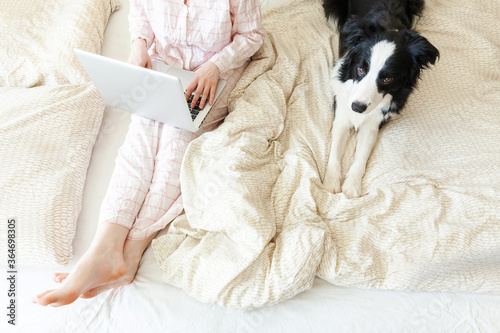 Mobile Office at home. Young woman in pajamas sitting on bed with pet dog working using on laptop pc computer at home. Lifestyle girl studying indoors. Freelance business quarantine concept.