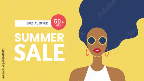 Summer Sale web banner design template. Beautiful long-haired tanned woman in sunglasses flat illustration. Special offer 50% off. - Vector