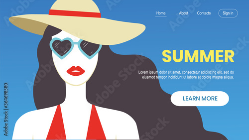 Beautiful long-haired girl portrait in sunglasses and hat on blue background. Beach fashion flat illustration for web or printed materials. - Vector