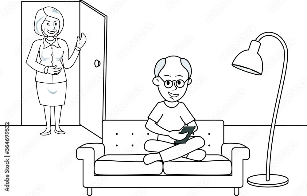 Man working using mobile phone sitting on sofa lamp woman behind Man working using mobile phone sitting on sofa lamp woman behind