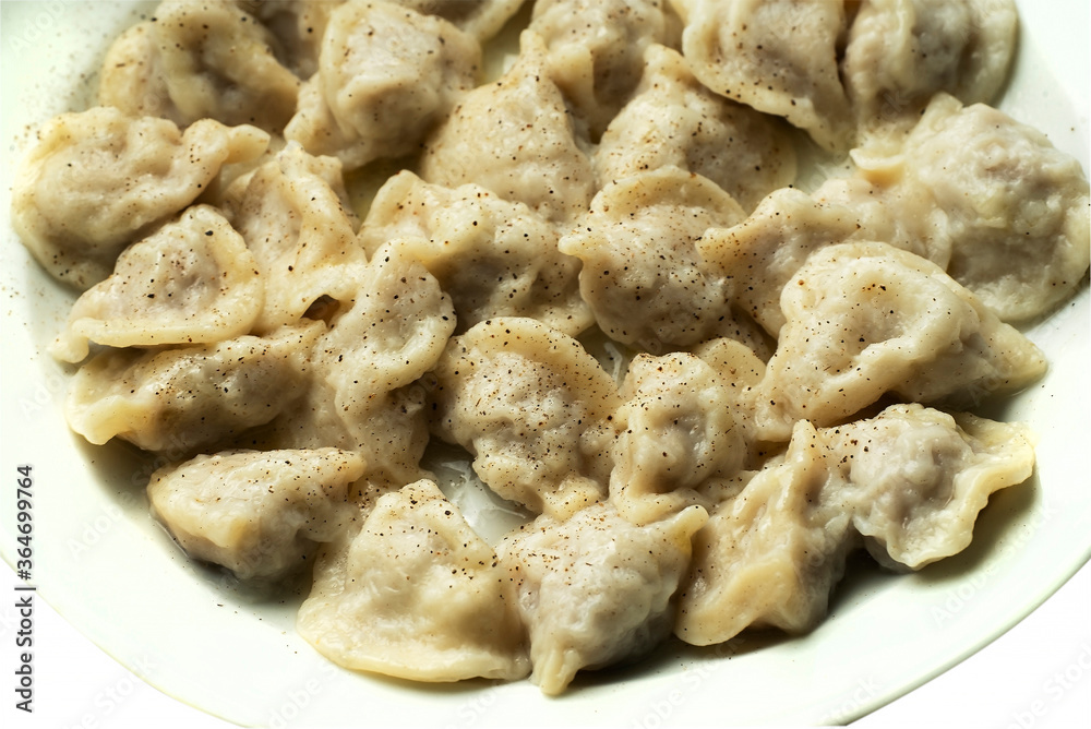 Russian dumplings with minced meat on a plate on a white background