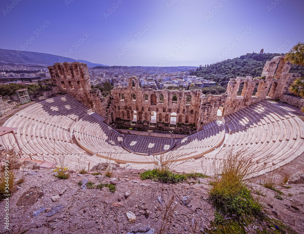 Athens Greece, Herodium ancient open theater under acropolis and panoramic view of the city
