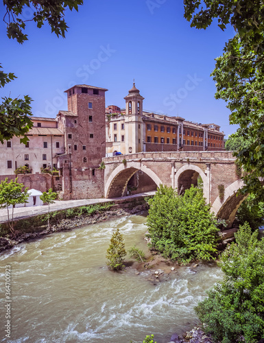 Photography Rome Italy, view of Tiber island, bridge Fabricio and Caetani fortress tower