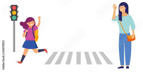 Schoolgirl crossing a road on her way to school, mother saying goodbye. Crossing the road safely concept illustration. 