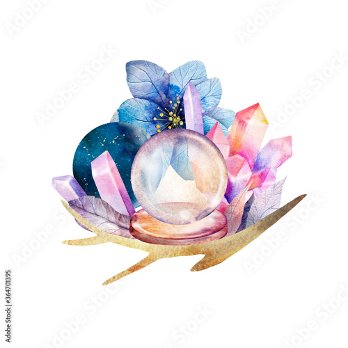 Watercolor illustration. Magical abstract composition. Magic ball, crystal, flowers, deer horn. Ideal for print