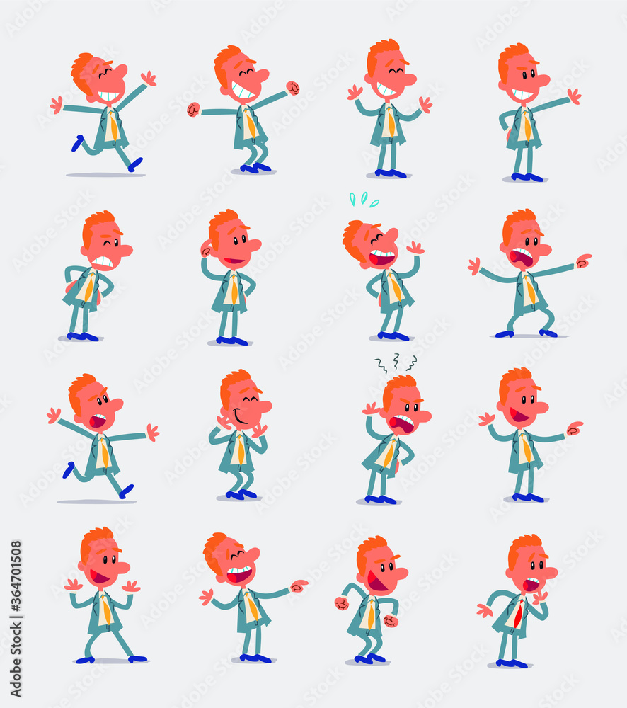 Cartoon character businessman in smart casual style. Set with different postures, attitudes and poses, doing different activities in isolated vector illustrations.
Cartoon character businessman in smart casual style. Set with different postures, attitudes and poses, doing different activities in isolated vector illustrations.
