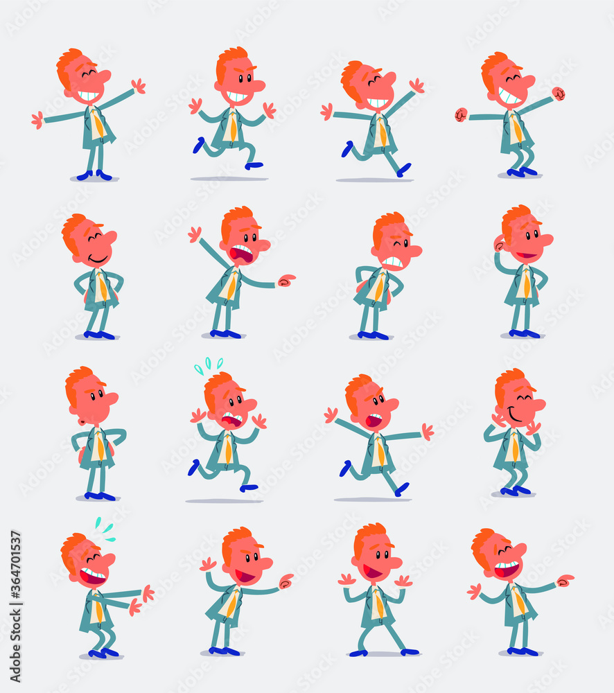 Cartoon character businessman in smart casual style. Set with different postures, attitudes and poses, doing different activities in isolated vector illustrations.
