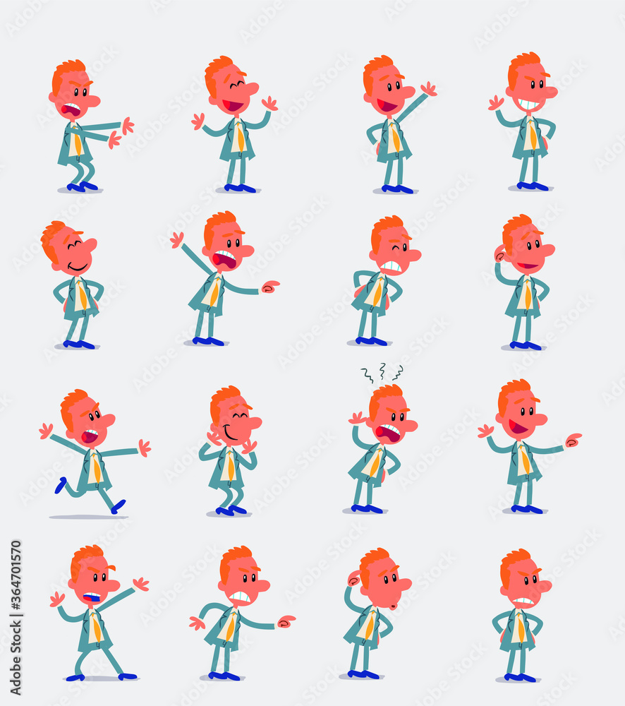 Cartoon character businessman in smart casual style. Set with different postures, attitudes and poses, doing different activities in isolated vector illustrations.
Cartoon character businessman in smart casual style. Set with different postures, attitudes and poses, doing different activities in isolated vector illustrations.