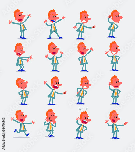 Cartoon character businessman in smart casual style. Set with different postures, attitudes and poses, doing different activities in isolated vector illustrations.
