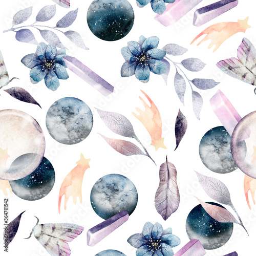 Watercolor seamless pattern. Moon, flowers, leaves, butterflies, crystals, magic. White background