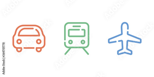 飛行機、車、電車のアイコンのセット／乗り物／交通機関／シルエット