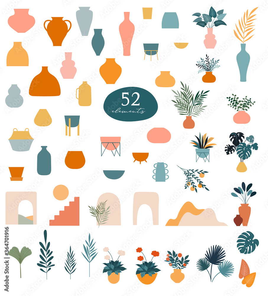 Collection of stickers and floral design elements, vases, plants and leaves, hand drawn in trendy doodle style. Colorful vector illustrations and prints