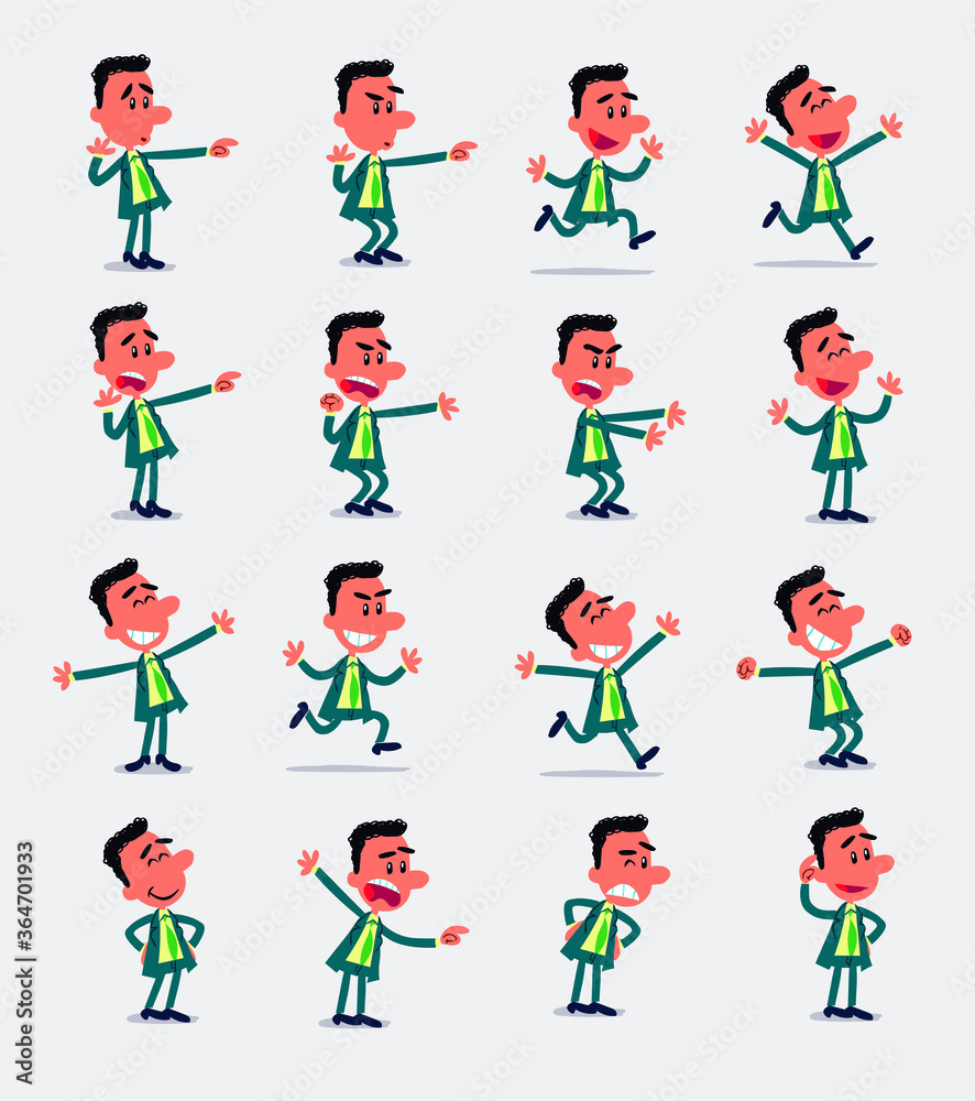Cartoon character businessman in smart casual style. Set with different postures, attitudes and poses, doing different activities in isolated vector illustrations.
Cartoon character businessman in smart casual style. Set with different postures, attitudes and poses, doing different activities in isolated vector illustrations.