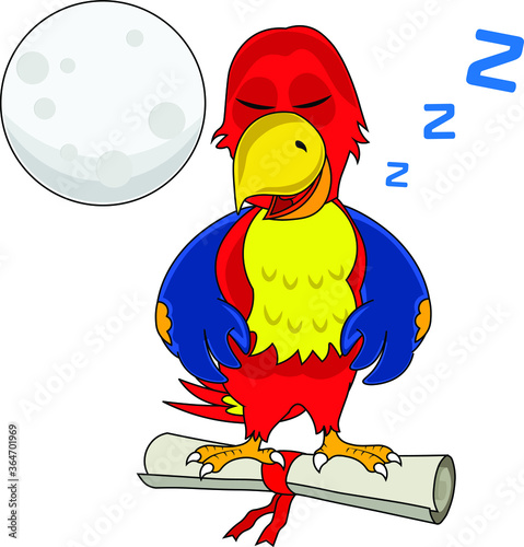amazing fun cartoon parrot standing on certificate roll sleeping offline moon behind