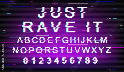 Just rave it font template. Retro futuristic style vector alphabet set on purple background. Capital letters, numbers and symbols. Party entertainment typeface design with distortion effect