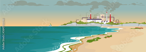 Contaminated sandy beach flat color vector illustration