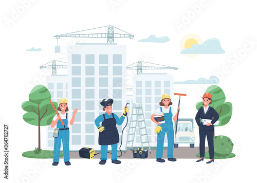 Construction site female workers flat color vector illustration