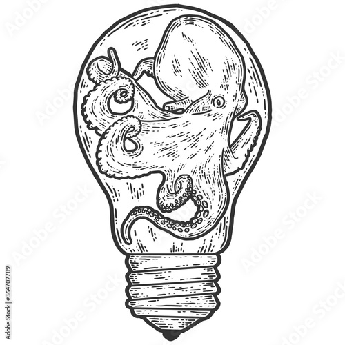 Creative, octopus in an aquarium light bulb. Sketch scratch board imitation.