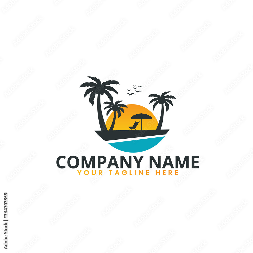 Naklejka premium Island Sunset Logo Vector Design. Summer Holiday Beach Logo for your Tourism Business Company or for your Design Vector Element.