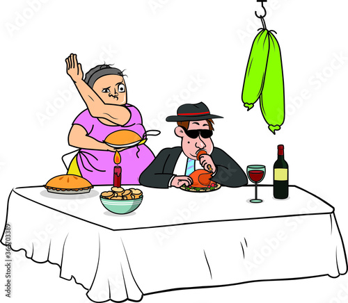 man having eating turkey chicken woman wondering behind
