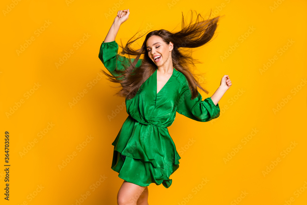 Portrait of her she nice attractive lovely luxury well-dressed cheerful cheery dreamy straight-haired girl dancing having fun isolated on bright vivid shine vibrant yellow color background Portrait of her she nice attractive lovely luxury well-dressed cheerful cheery dreamy straight-haired girl dancing having fun isolated on bright vivid shine vibrant yellow color background