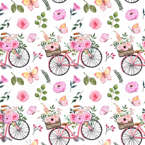 Summer floral seamless pattern. Watercolor pastel pink flowers, leaves, vinta...