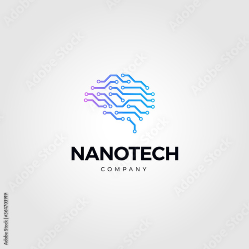 Abstract brain emblem, minimalistic logo with brain, neurons and their connections. Vetor Logo for development of artificial interconnection and nanotechnology technologies.