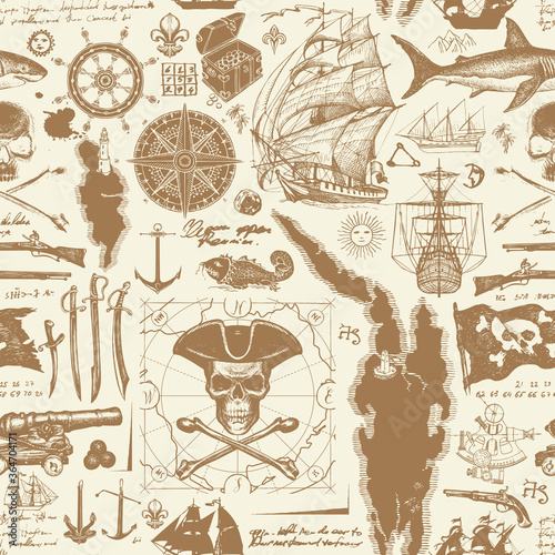 Vintage seamless pattern on the pirates theme with hand-drawn sketches. Vector background with skull, crossbones, pirate flag, swords, guns, sailboats, old map and other nautical symbols.