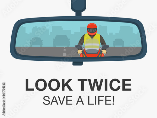Reflection in a car rear mirror of a biker riding a motorcycle. Back side view. Flat vector illustration template.