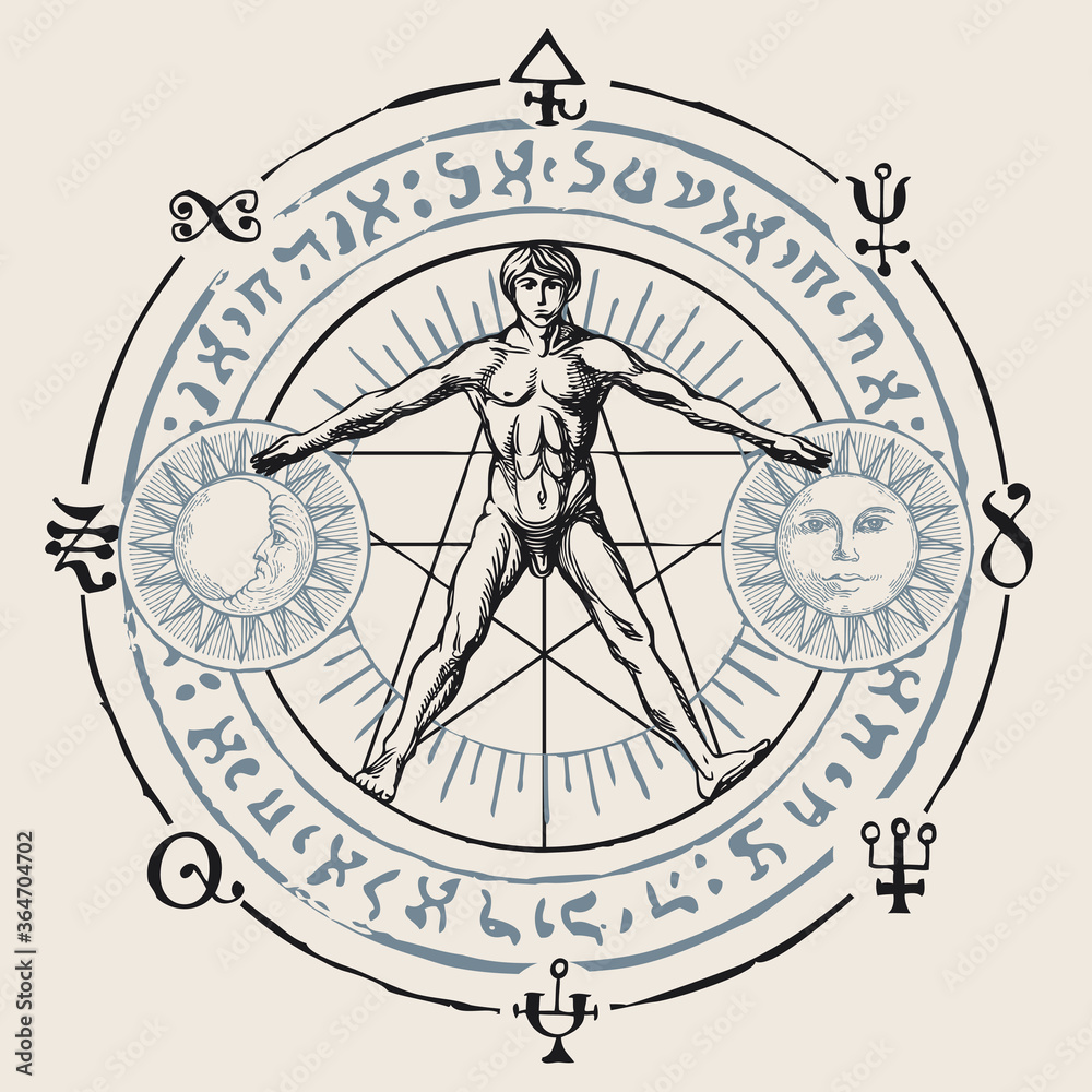 Illustration with a human figure like Vitruvian man by Leonardo Da Vinci,  sun, moon and alchemical symbols. Hand-drawn banner with esoteric and  magical signs written in a circle in retro style Векторный